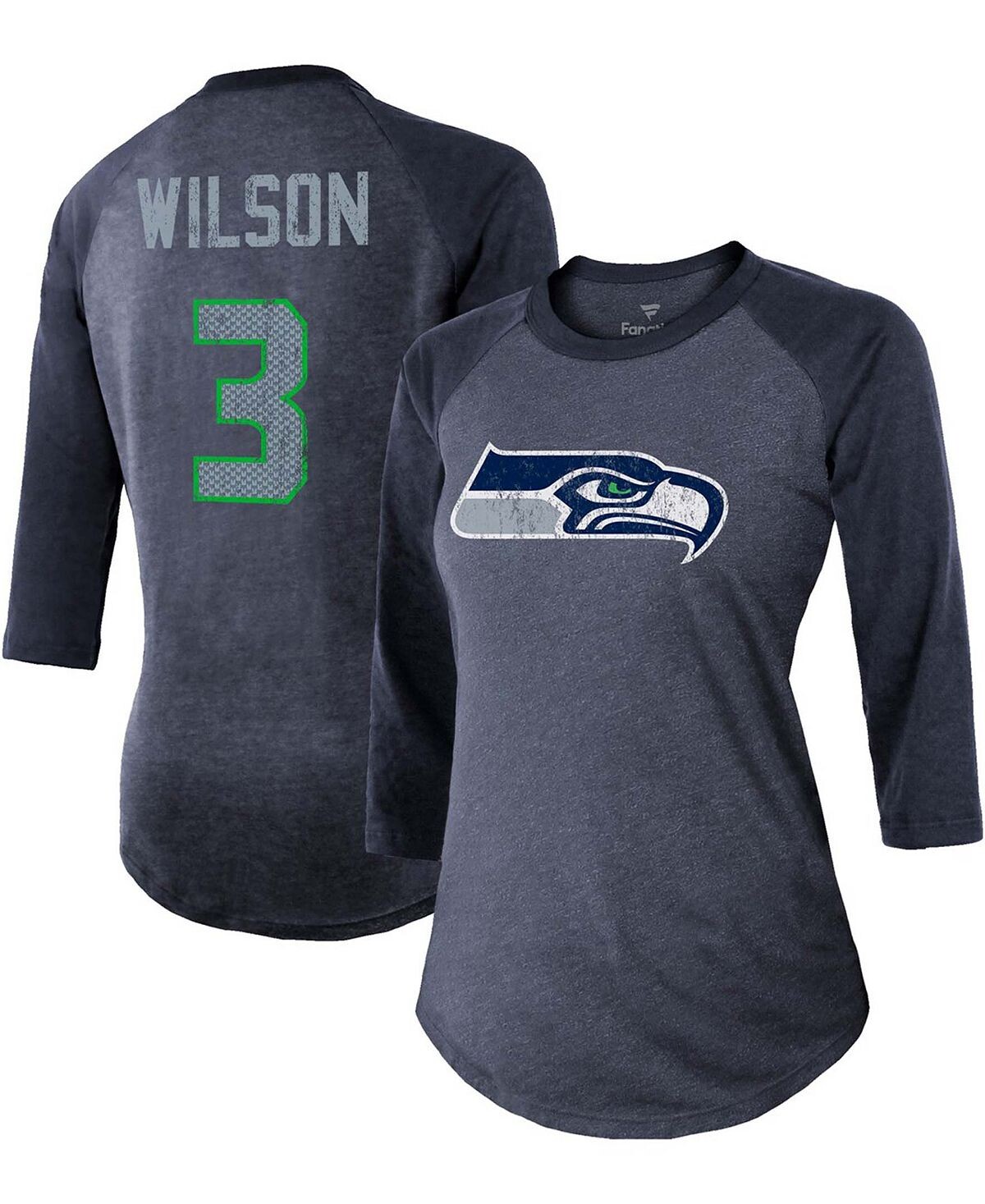 

Женская футболка Russell Wilson College Navy Seattle Seahawks, имя игрока, номер Tri-Blend, рукав три четверти Fanatics, темно-синий