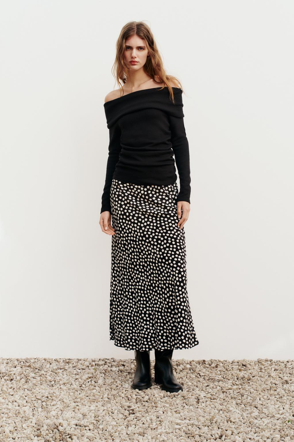 Юбка миди с принтом в гороток ZARA, экрю/черный модная женская мини юбка pailete с бантом винтажные брюки с высокой талией и боковой молнией 2022