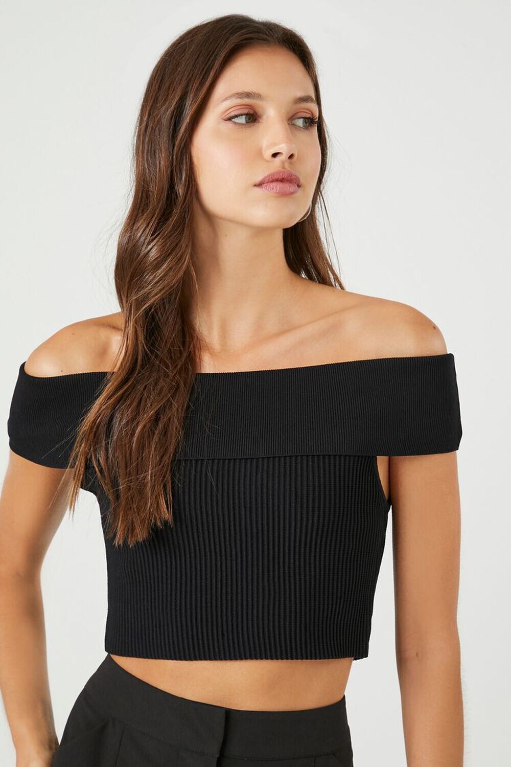 

Вязаный свитер с открытыми плечами Forever 21, черный