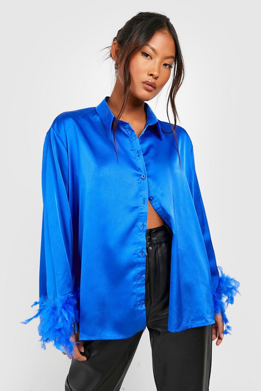 

Рубашка с перьями на манжетах petite оверсайз Boohoo, кобальтовый