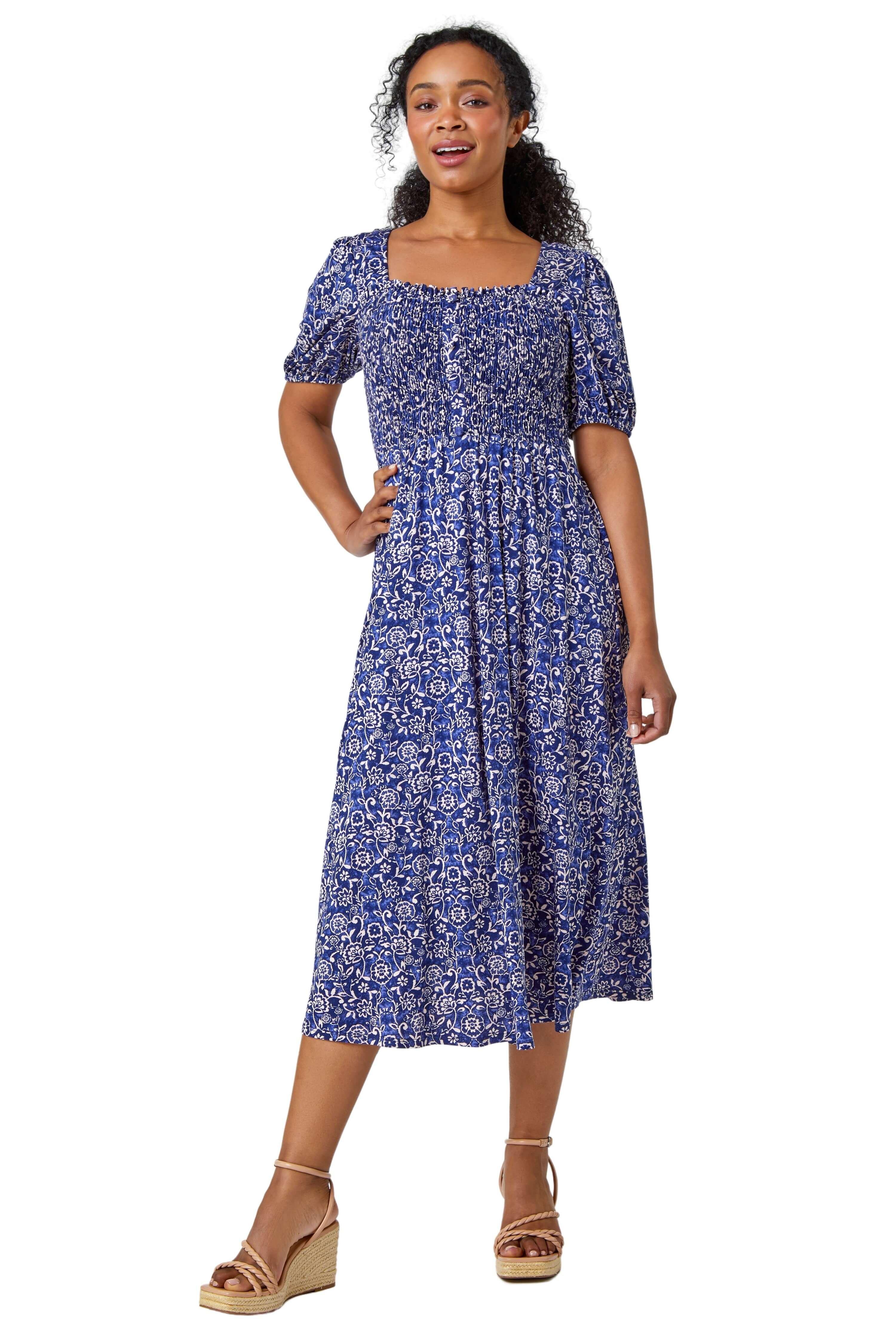 Эластичное платье с цветочным принтом и гофрированными сборками для миниатюрных размеров Roman, синий