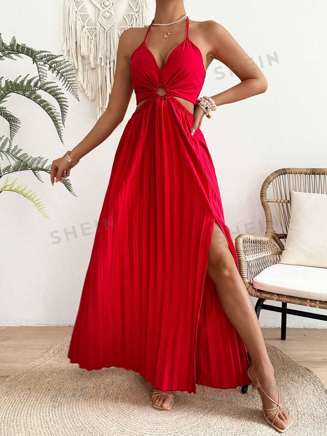 

Платье-макси Shein Privé с высоким разрезом, красный