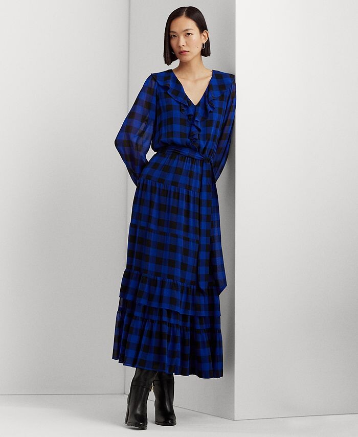 

Платье Petite в клетку с рюшами в клетку буффало Lauren Ralph Lauren, синий