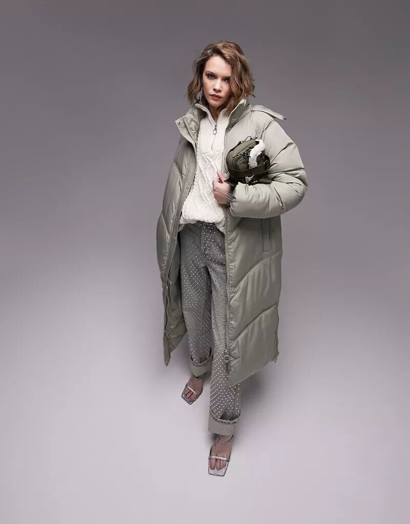 

Удлиненный пуховик Topshop шалфейного зеленого цвета
