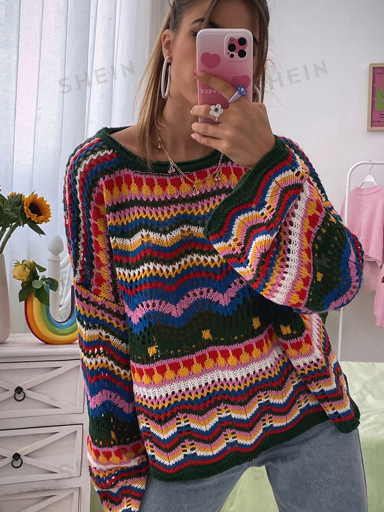 SHEIN VCAY Holiday контрастного цвета, ажурный вязаный свитер оверсайз, многоцветный