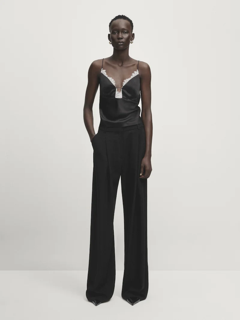 

Атласный топ-майка с контрастным кружевом - ателье Massimo Dutti, черный