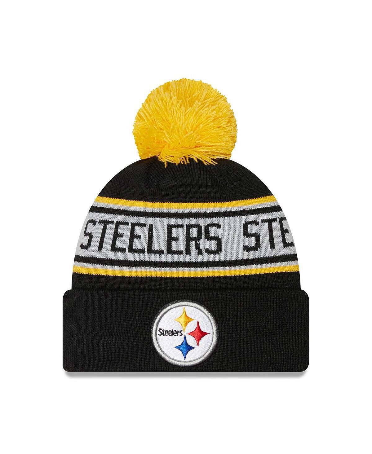 

Мужская черная вязаная шапка Pittsburgh Steelers с повторяющимися манжетами и помпоном New Era