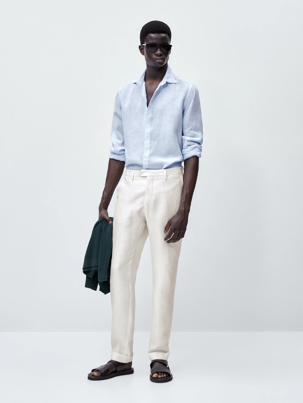 

Рубашка облегающего кроя из льна в микрополоску Massimo Dutti, синий