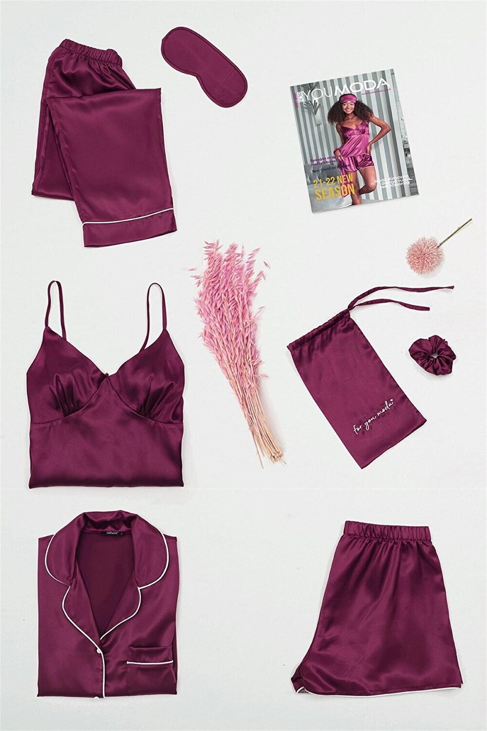 

Бордовый пижамный комплект из 7 предметов FOR YOU MODA