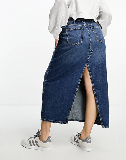 

Темная джинсовая юбка макси со швами River Island Plus