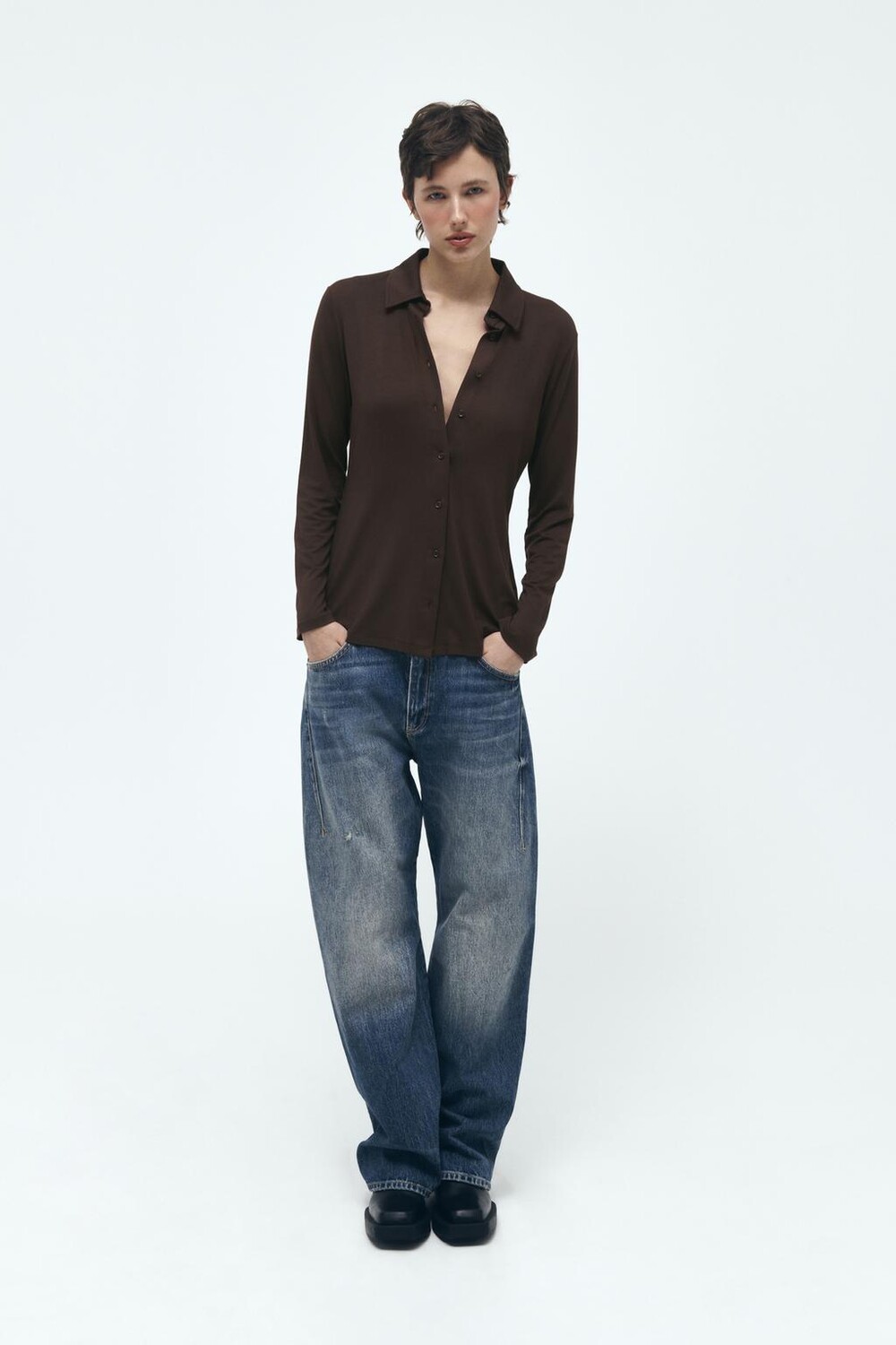 

Приглашенная рубашка на пуговицах ZARA, коричневый