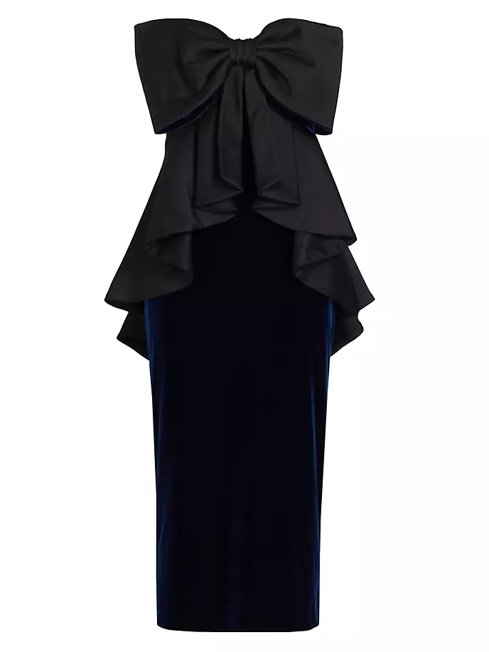 

Бархатное платье миди с баской и бантом Badgley Mischka, черный
