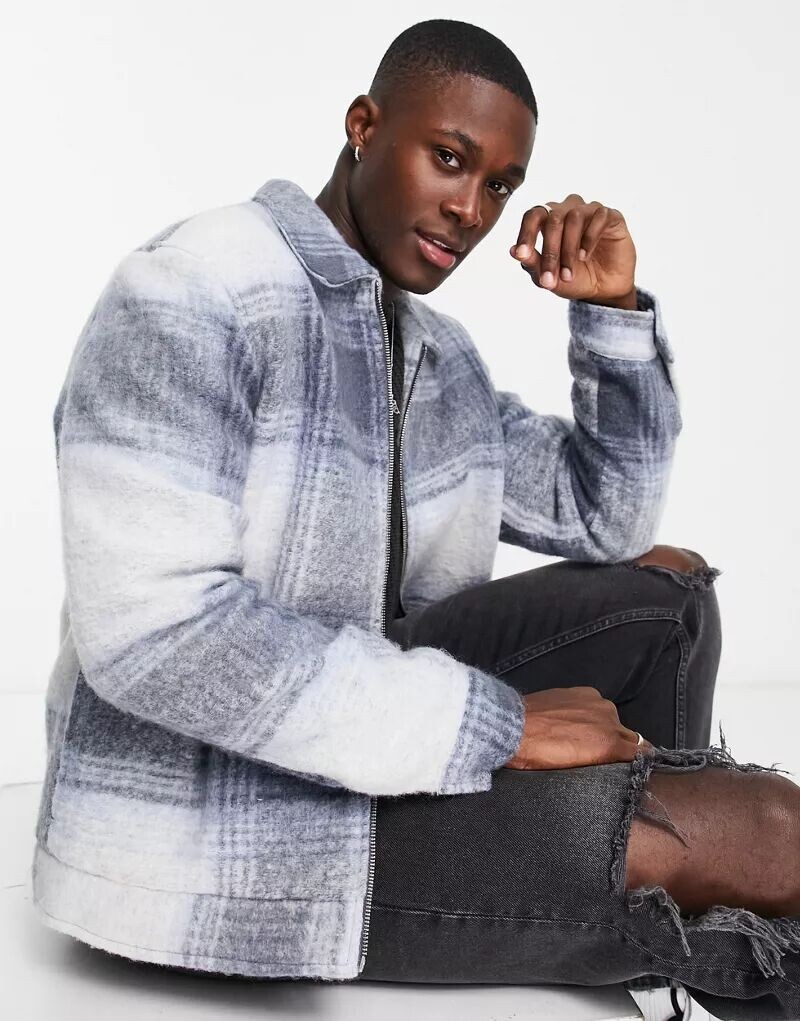 

Синяя куртка в клетку ASOS Harrington, стандартного кроя