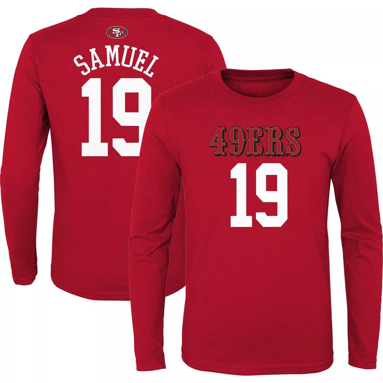 

Молодежная футболка Deebo Samuel Scarlet San Francisco 49ers Mainliner с именем и номером игрока с длинными рукавами Outerstuff