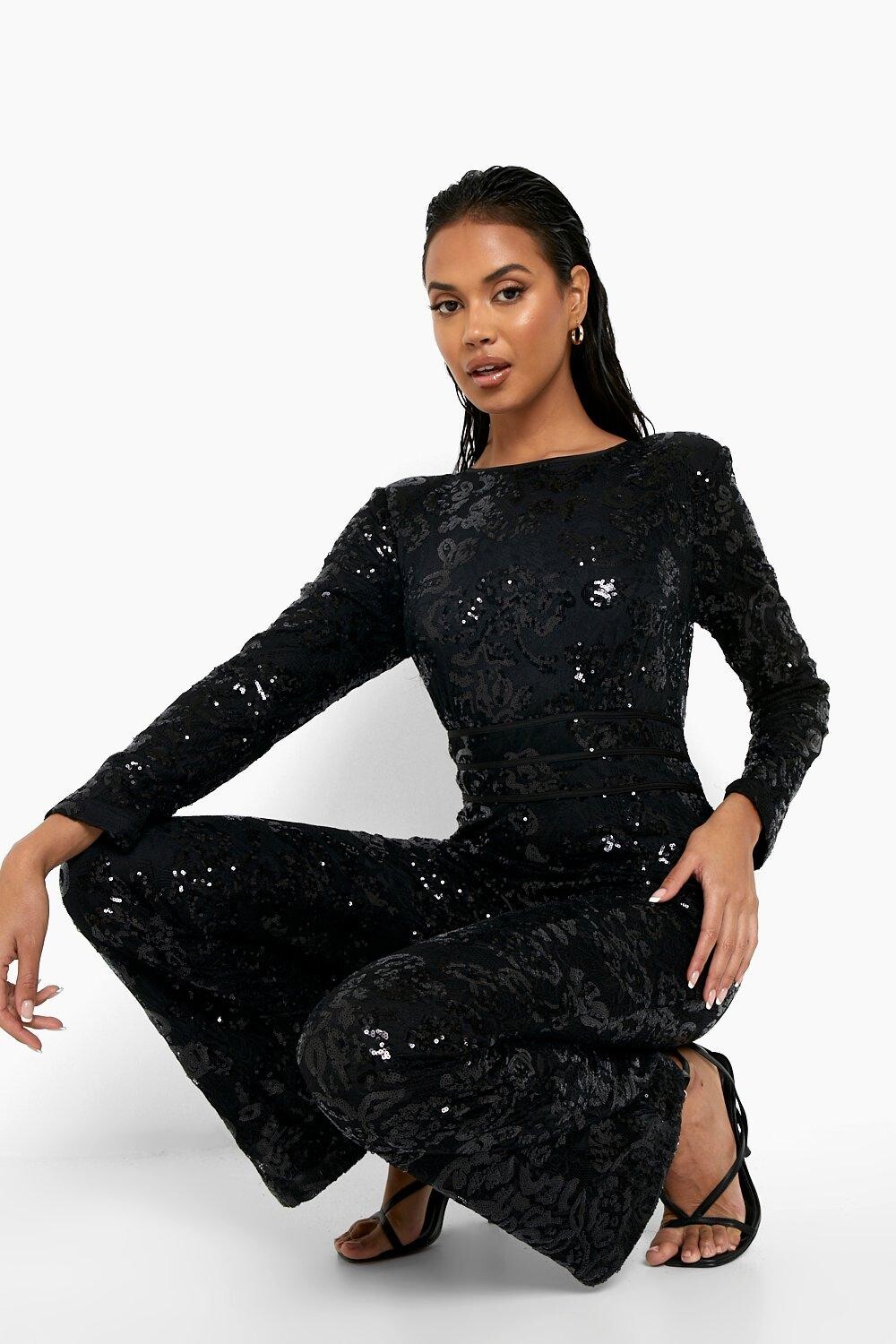 

Дамасский комбинезон с пайетками на плечах boohoo, черный