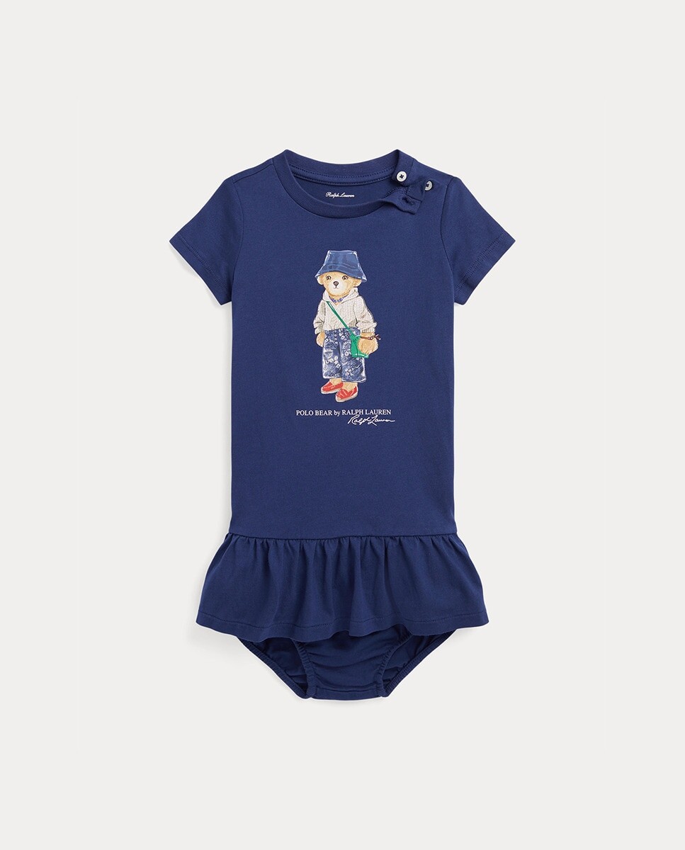

Платье с короткими рукавами для девочки с мишкой-поло Polo Ralph Lauren, темно-синий