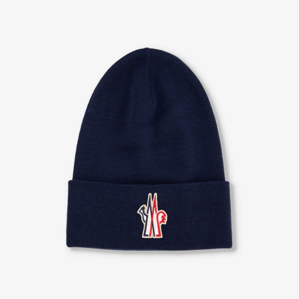 

Шапка-Бини из шерстяной пряжи с фирменной аппликацией Moncler Grenoble, синий