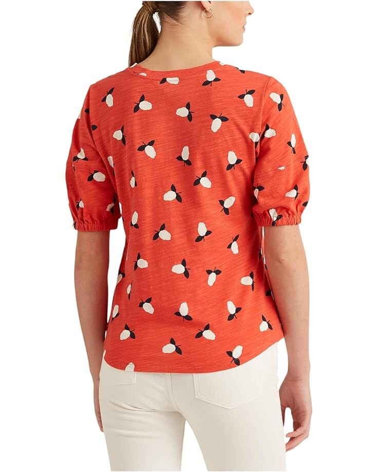 

Футболка LAUREN Ralph Lauren Floral Puff-Sleeve Slub Jersey Tee, цвет Orange/Cream/Navy