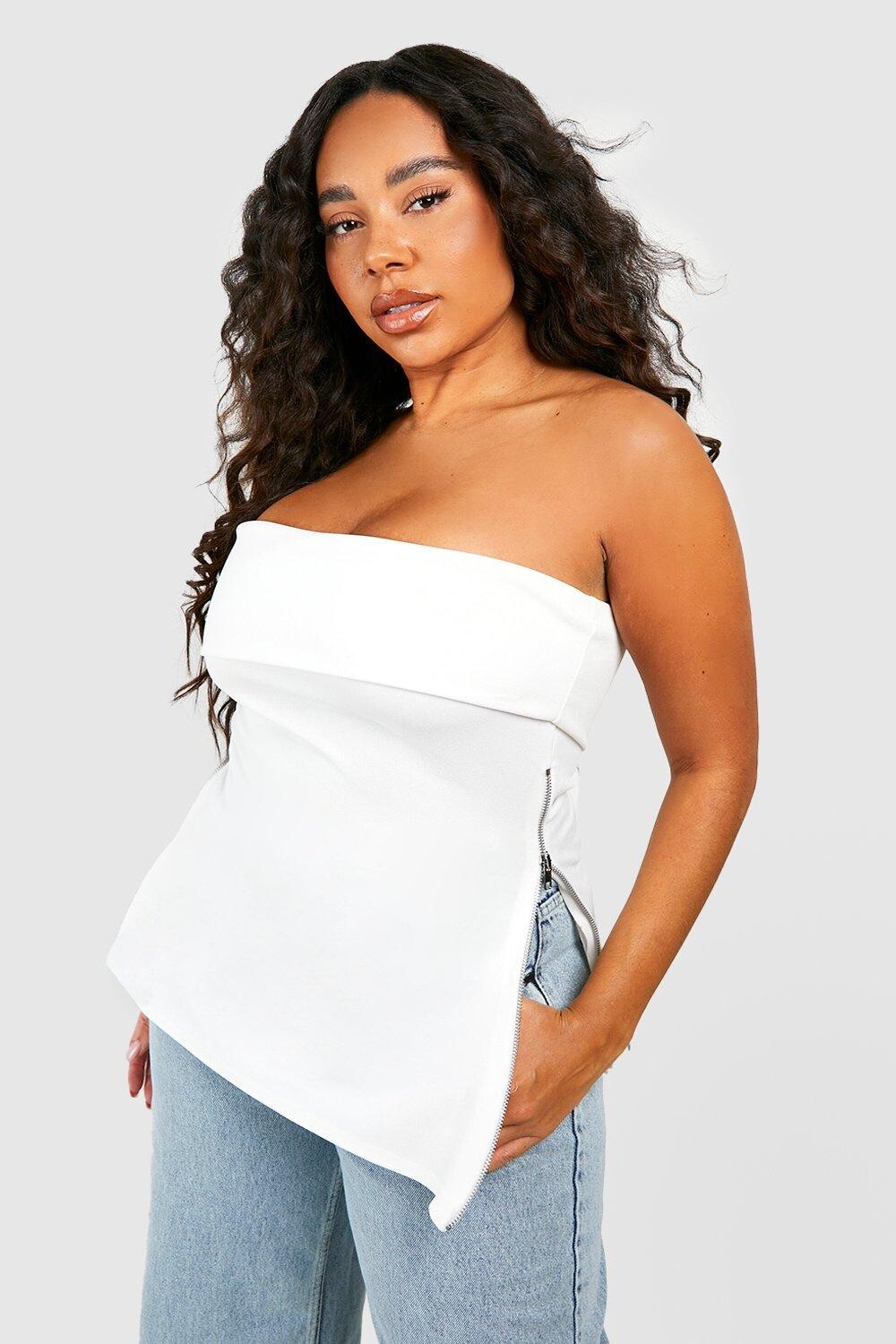 

Длинный топ с боковой молнией plus бандо Boohoo, экру