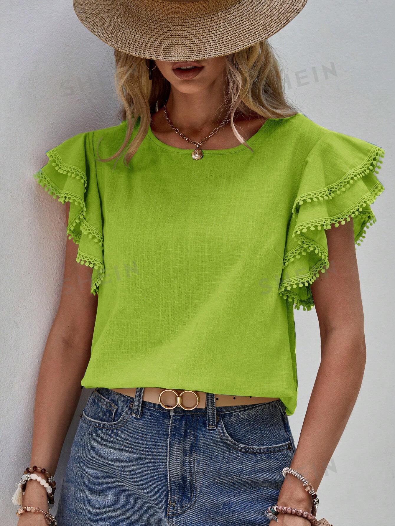 SHEIN LUNE Однотонная рубашка с короткими рукавами и круглым вырезом, лаймово-зеленый фото