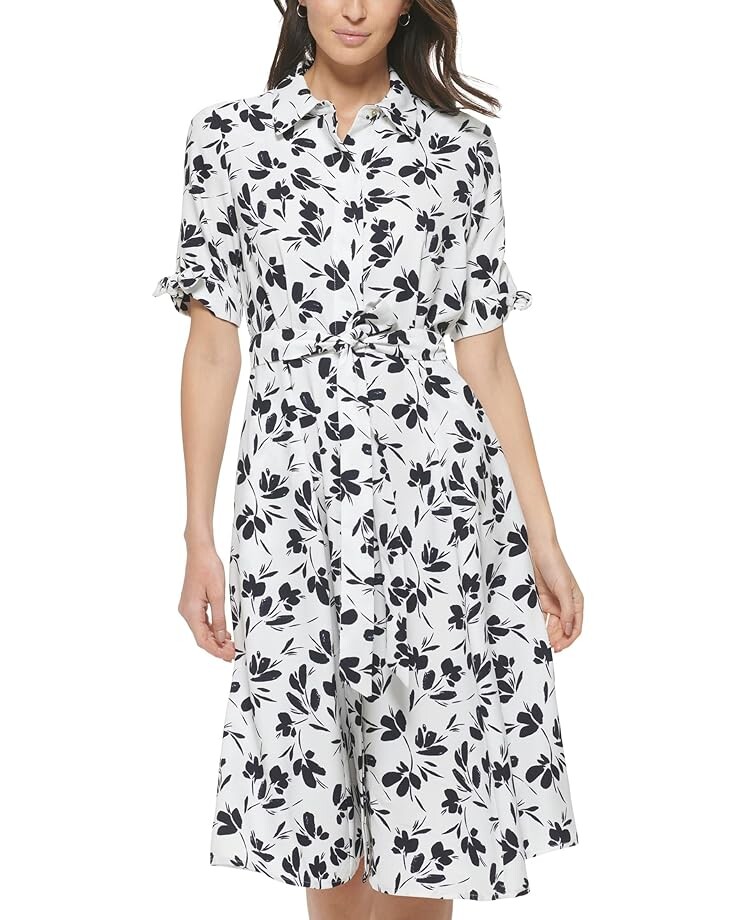

Платье Calvin Klein Dot Crepe Shirt with Short Sleeve Tie Detail, цвет Cream/Indigo
