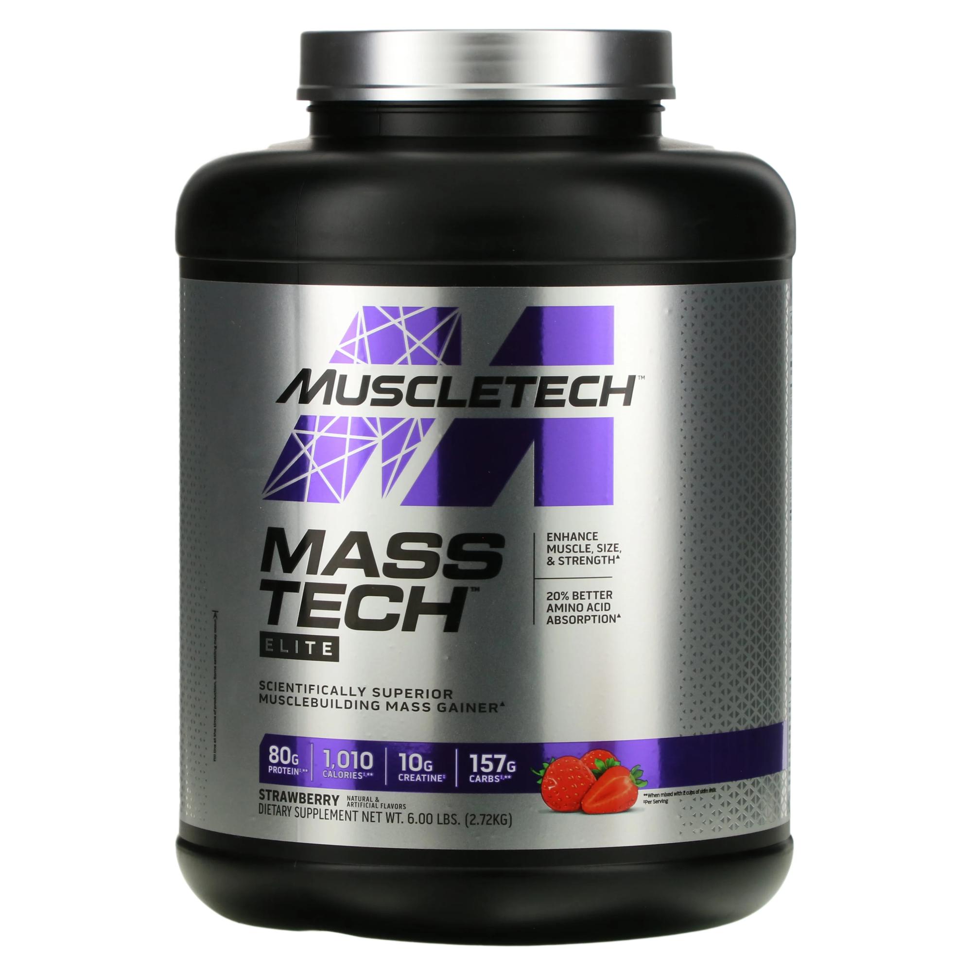 MuscleTech Mass Tech Elite клубника 2,72 кг (6 фунтов) muscletech performance series cell tech самая мощная формула с креатином со вкусом фруктового пунша 2 72 кг 6 фунтов