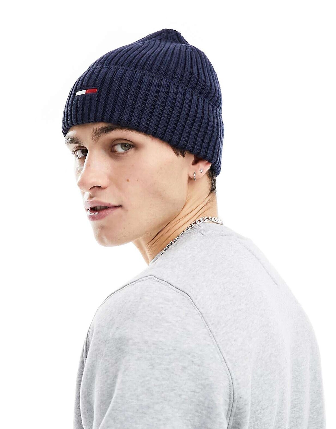 

Темно-синяя шапка-бини в рубчик с логотипом Tommy Jeans