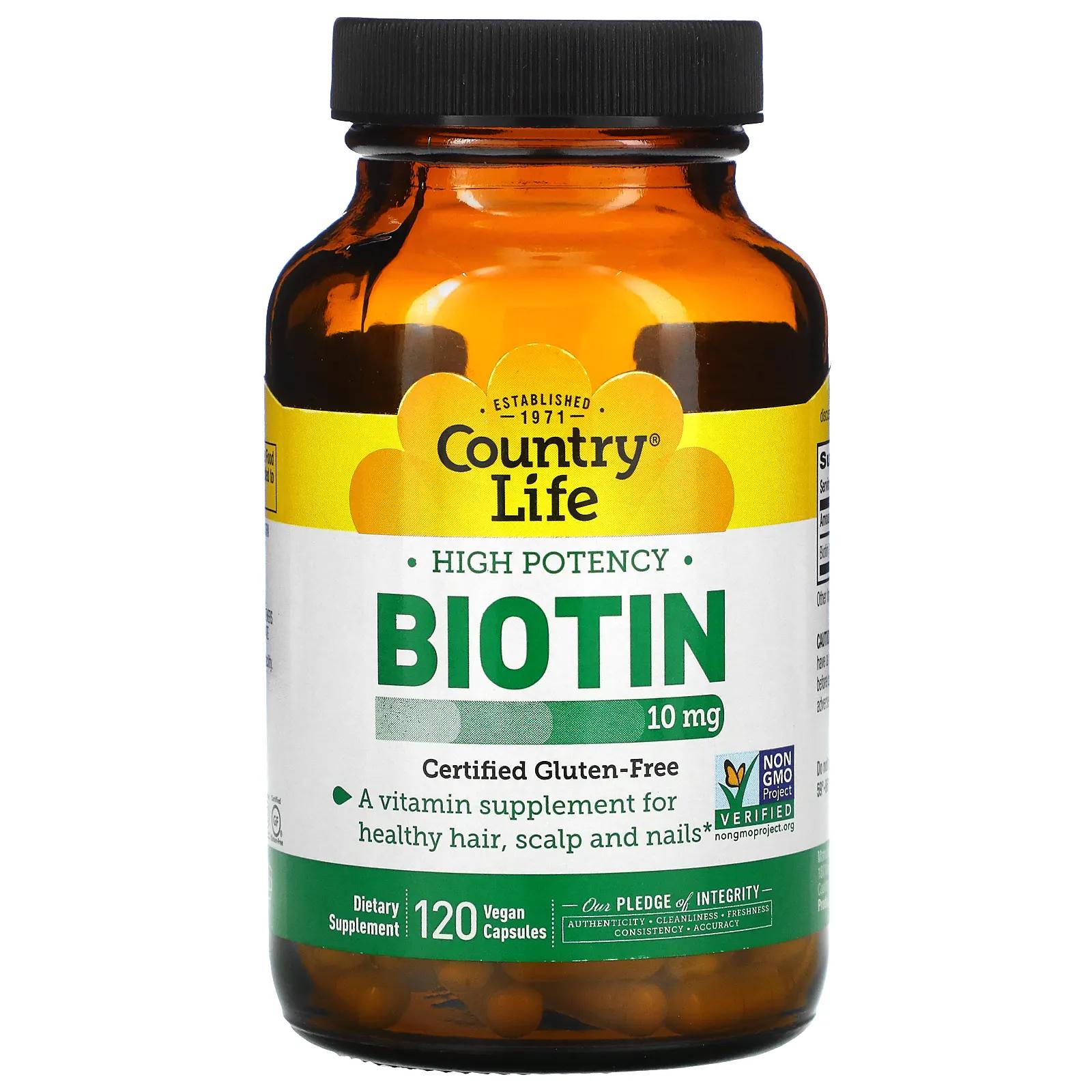 Country Life Биотин высокая эффективность 10 мг 120 веганских капсул