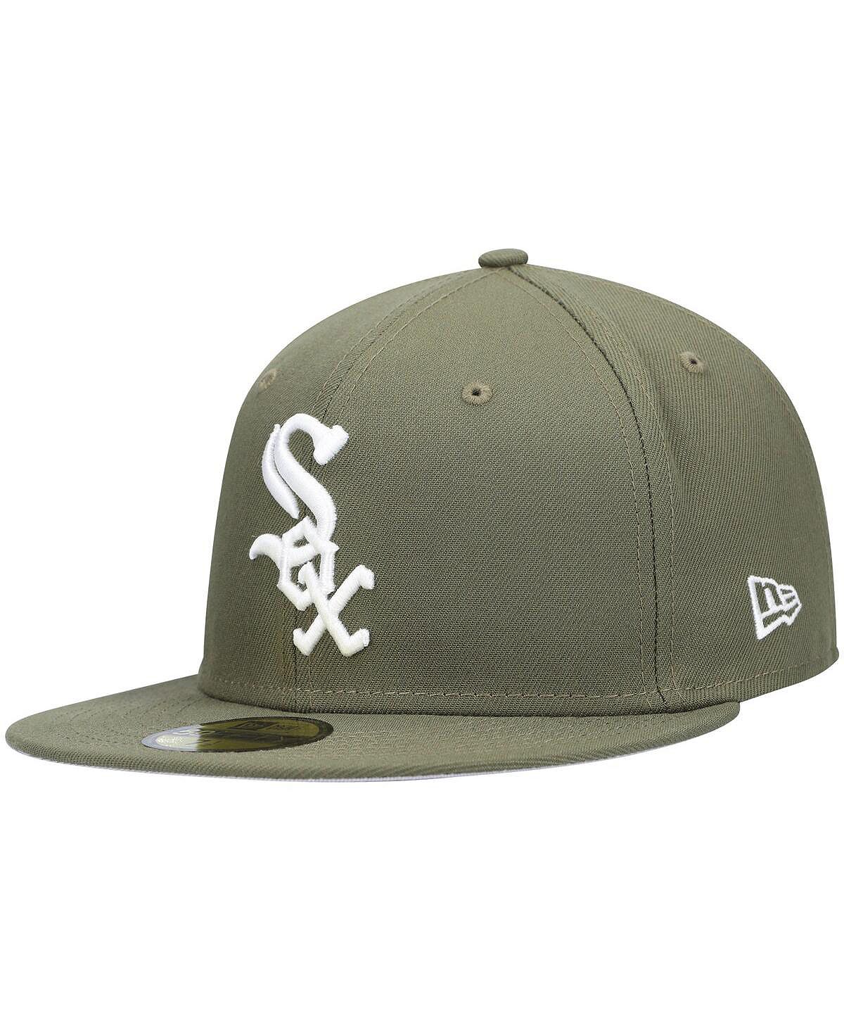 Мужская оливковая кепка Chicago White Sox Logo белая 59FIFTY приталенная шляпа New Era