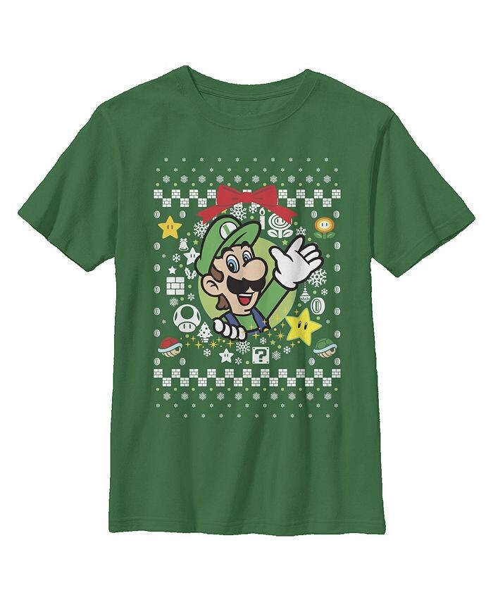 

Детская футболка Ugly Christmas Luigi Wreath для мальчиков Nintendo, зеленый