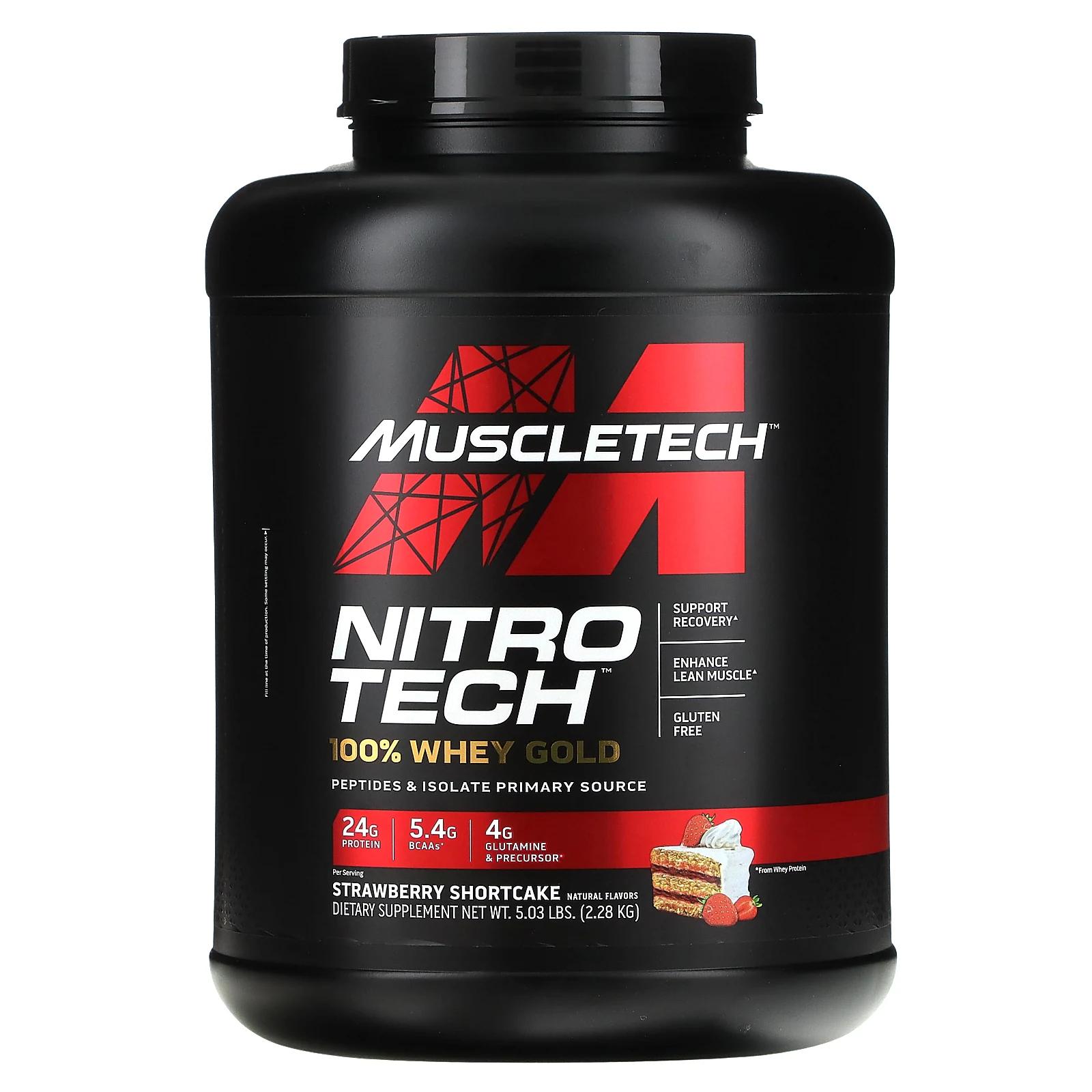 Muscletech Nitro Tech 100% Whey Gold со вкусом клубники 2,51 кг (5,53 фунта) muscletech серия performance phase8 многофазный 8 часовой белок со вкусом ванили 2 09 кг 4 60 фунта