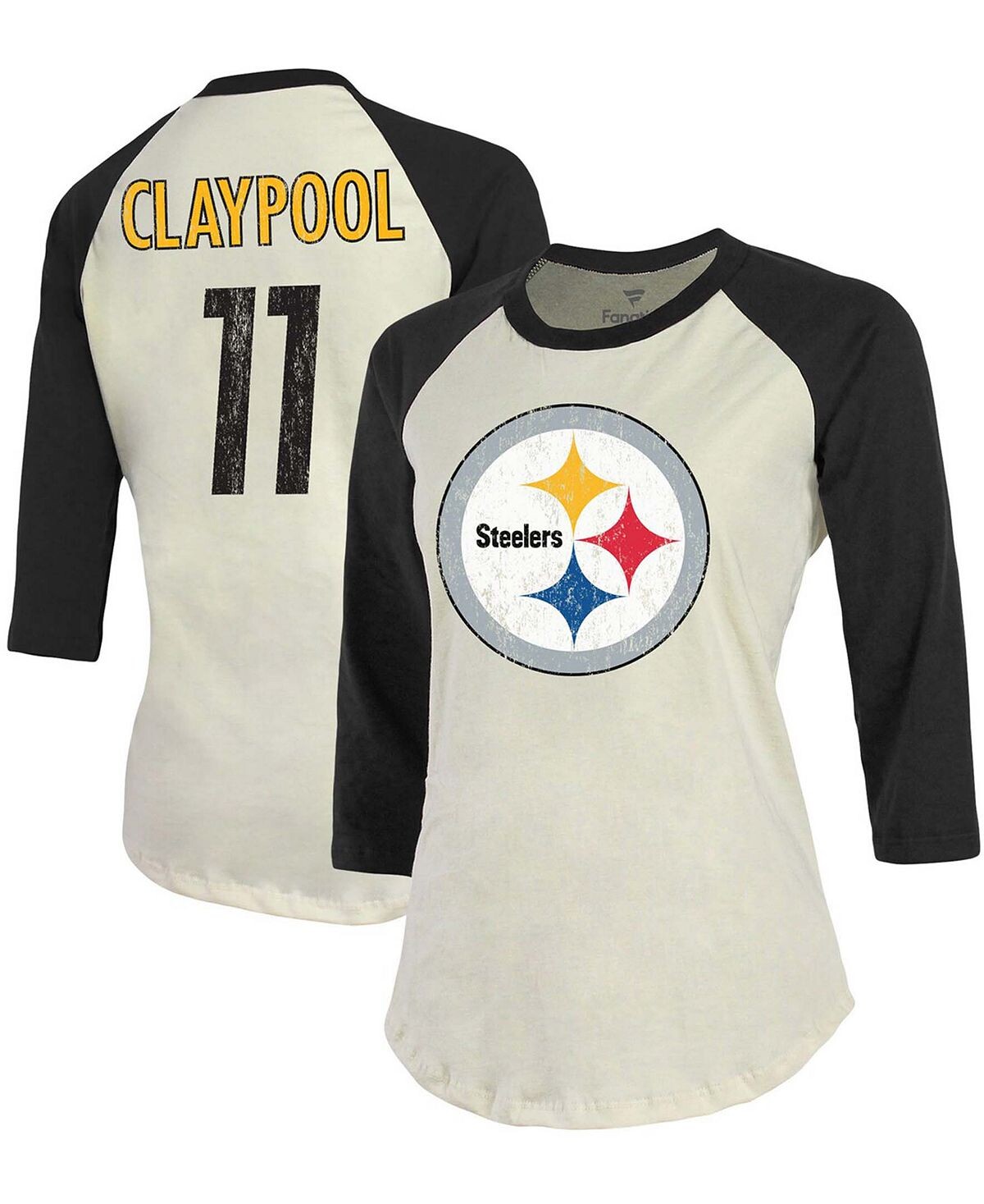

Женская кремовая черная футболка Pittsburgh Steelers Player реглан с именем и номером, рукав 3/4 Fanatics, Черный