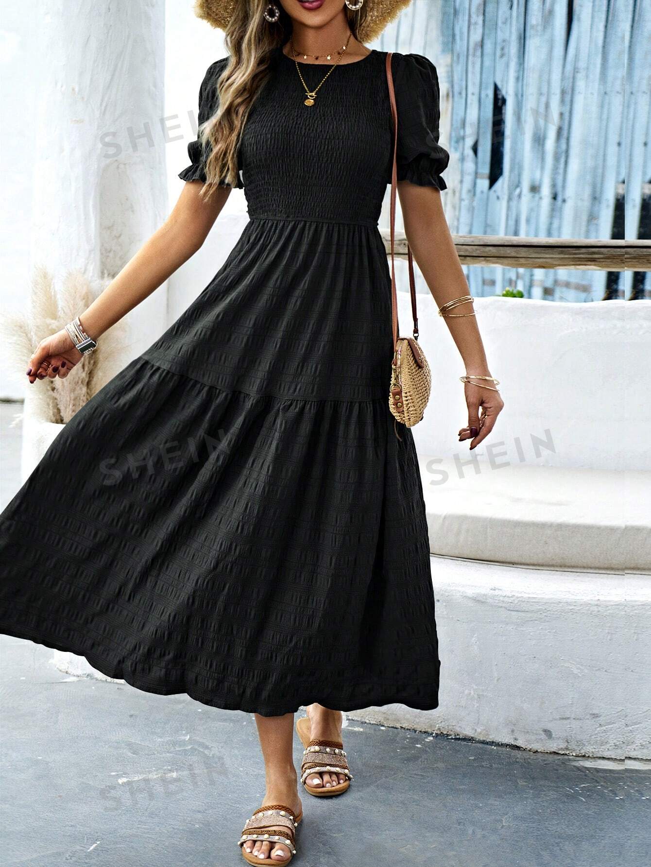 SHEIN VCAY женское свободное платье с круглым вырезом и короткими рукавами-фонариками, черный фото