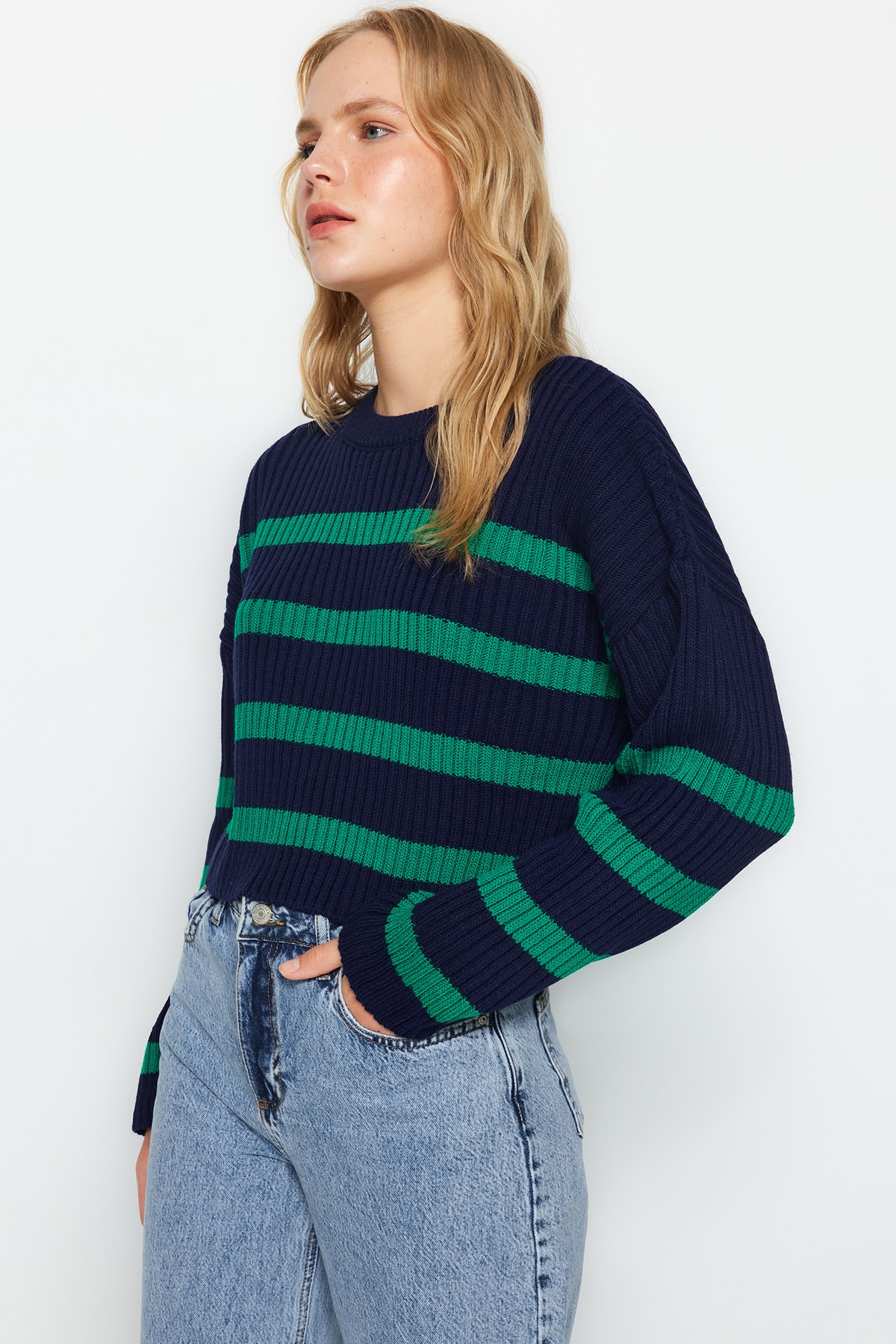 Свитер Trendyol вязаный, темно-синий/зеленый темно серый вязаный свитер с полумолнией и логотипом hollister