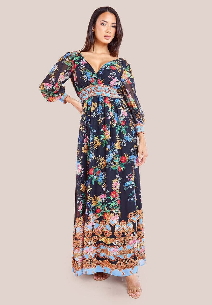 

Платье макси Wrap Border Floral Print Goddiva, черное