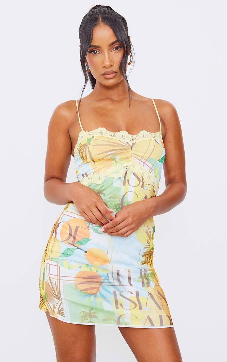 

PrettyLittleThing Оранжевое облегающее платье из сетчатой ​​ткани с тропической отделкой и кружевной отделкой, Оранжевый