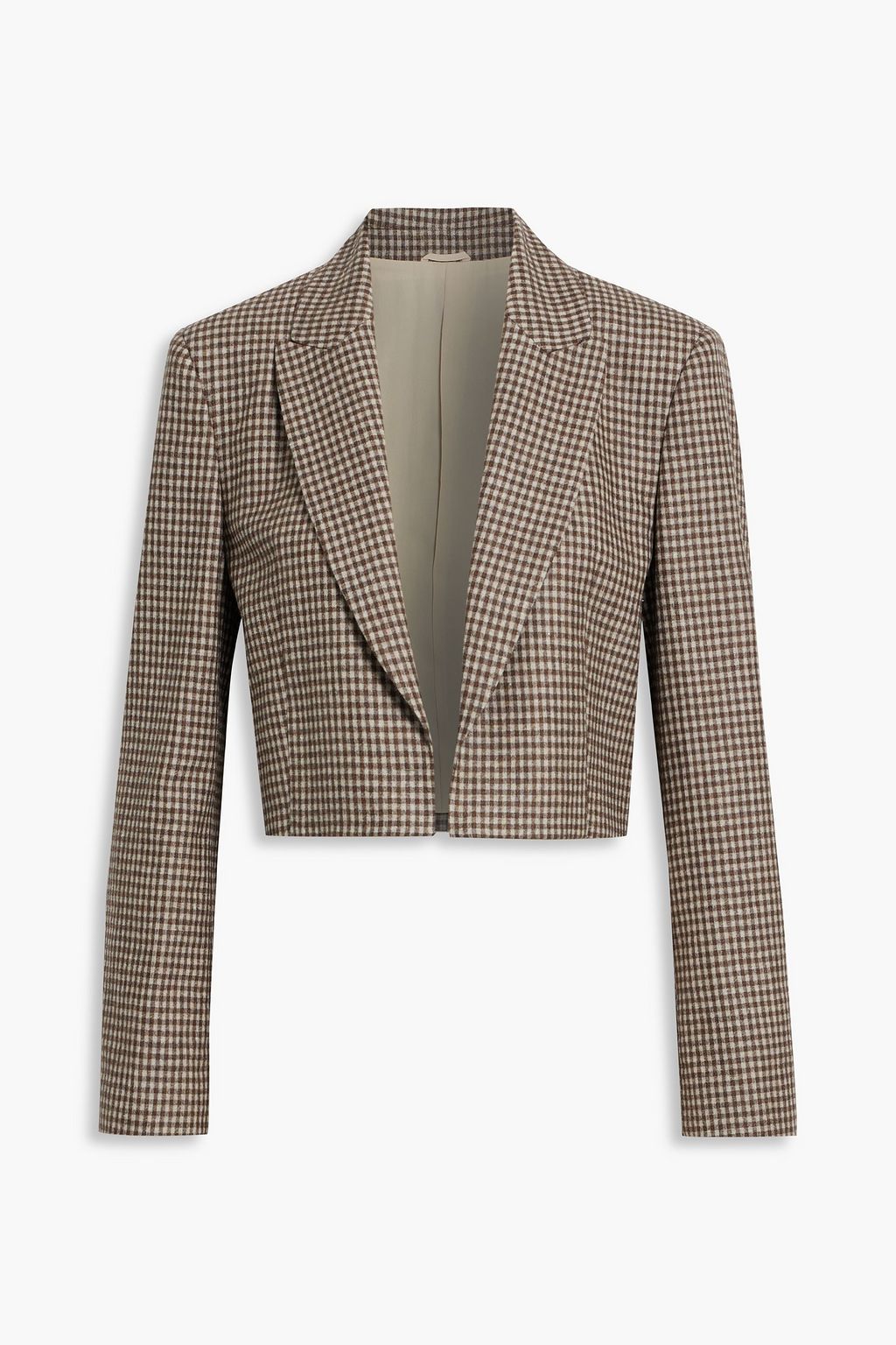 Укороченный пиджак в клетку из шерсти, шелка и льна BRUNELLO CUCINELLI, коричневый цена и фото