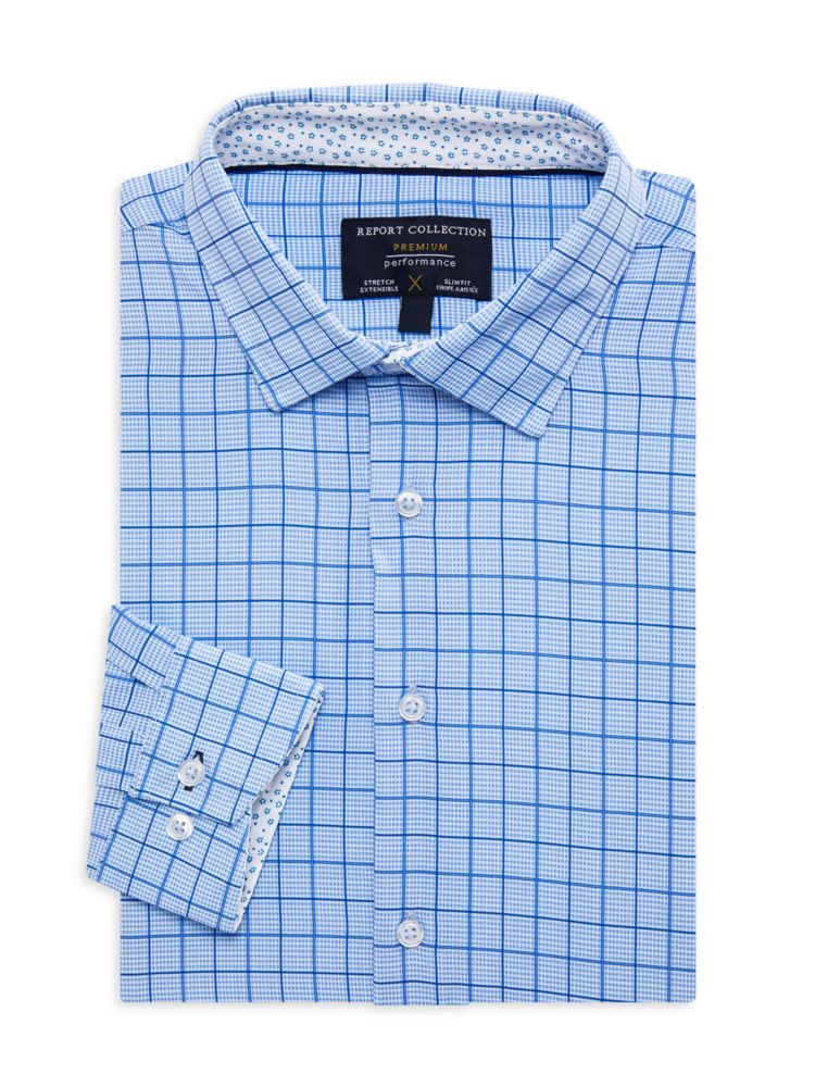 Спортивная рубашка узкого кроя Tattersall, растягивающаяся в четырех направлениях Report Collection, синий цена и фото