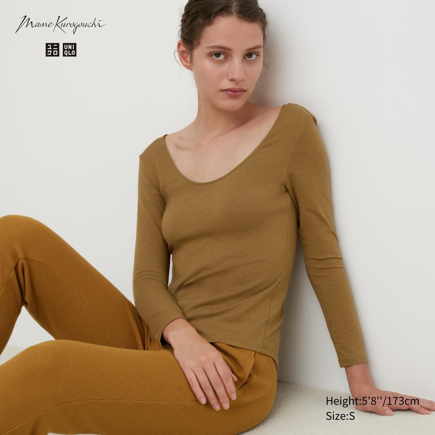 

HEATTECH Шелковая футболка с воротником-балериной и длинными рукавами Uniqlo, коричневый