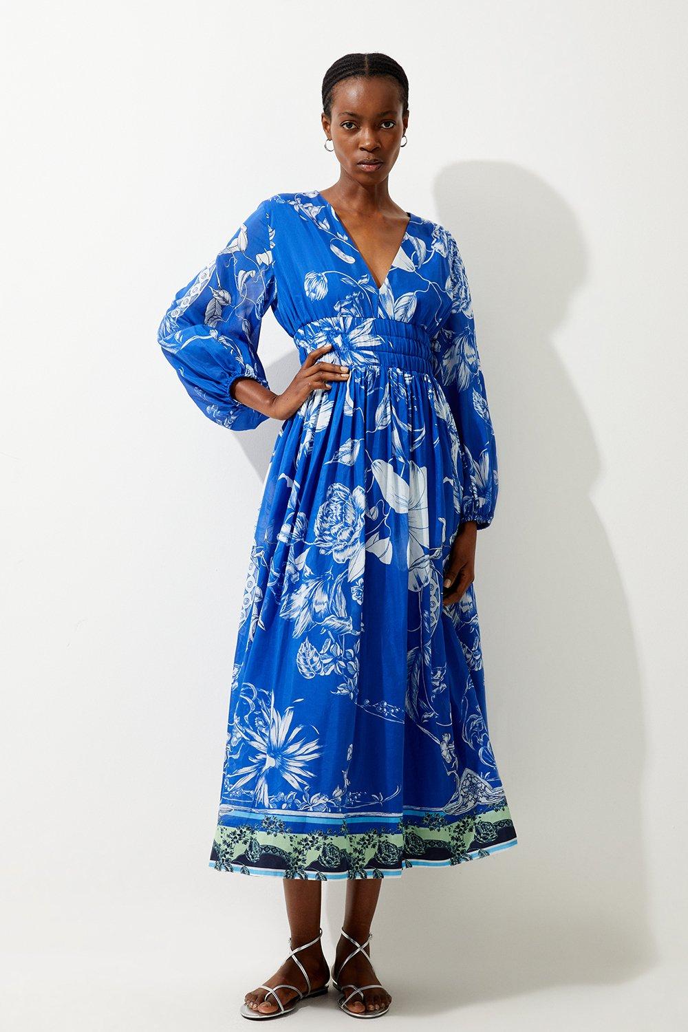 цена Платье макси из шелкового хлопка с цветочным принтом и рукавами-воздушными шарами Karen Millen, синий