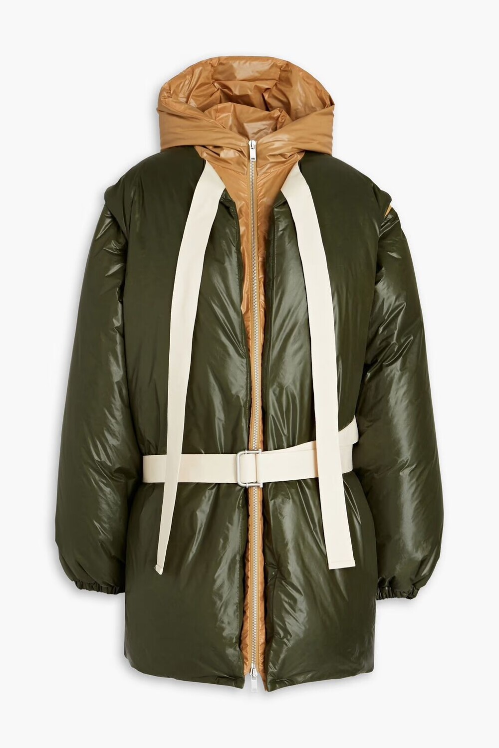 

Пуховик с поясом и капюшоном Jil Sander+, армейский зеленый
