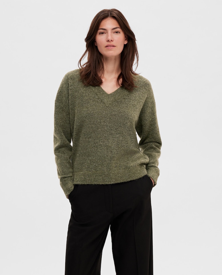 Женский свитер с V-образным вырезом Selected Femme, темно-зеленый