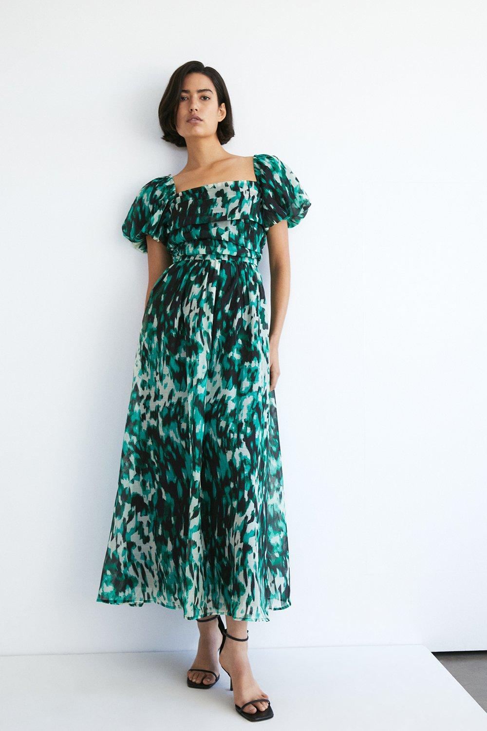 Платье миди из органзы с квадратным вырезом и принтом Warehouse, мультиколор цена и фото