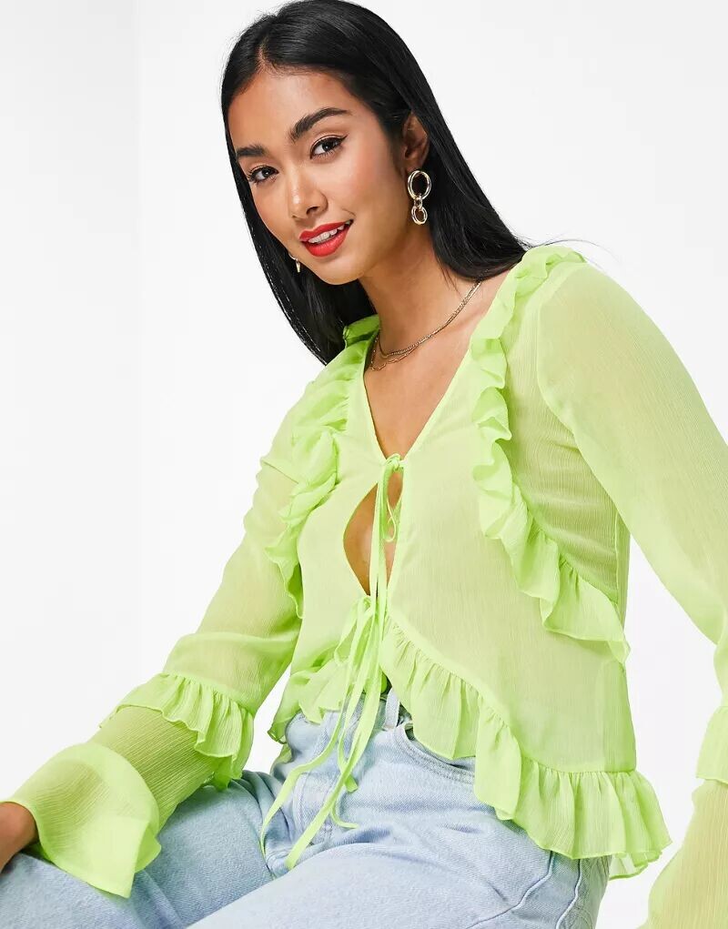 

Прозрачная блузка цвета лайма с рюшами и завязкой спереди ASOS