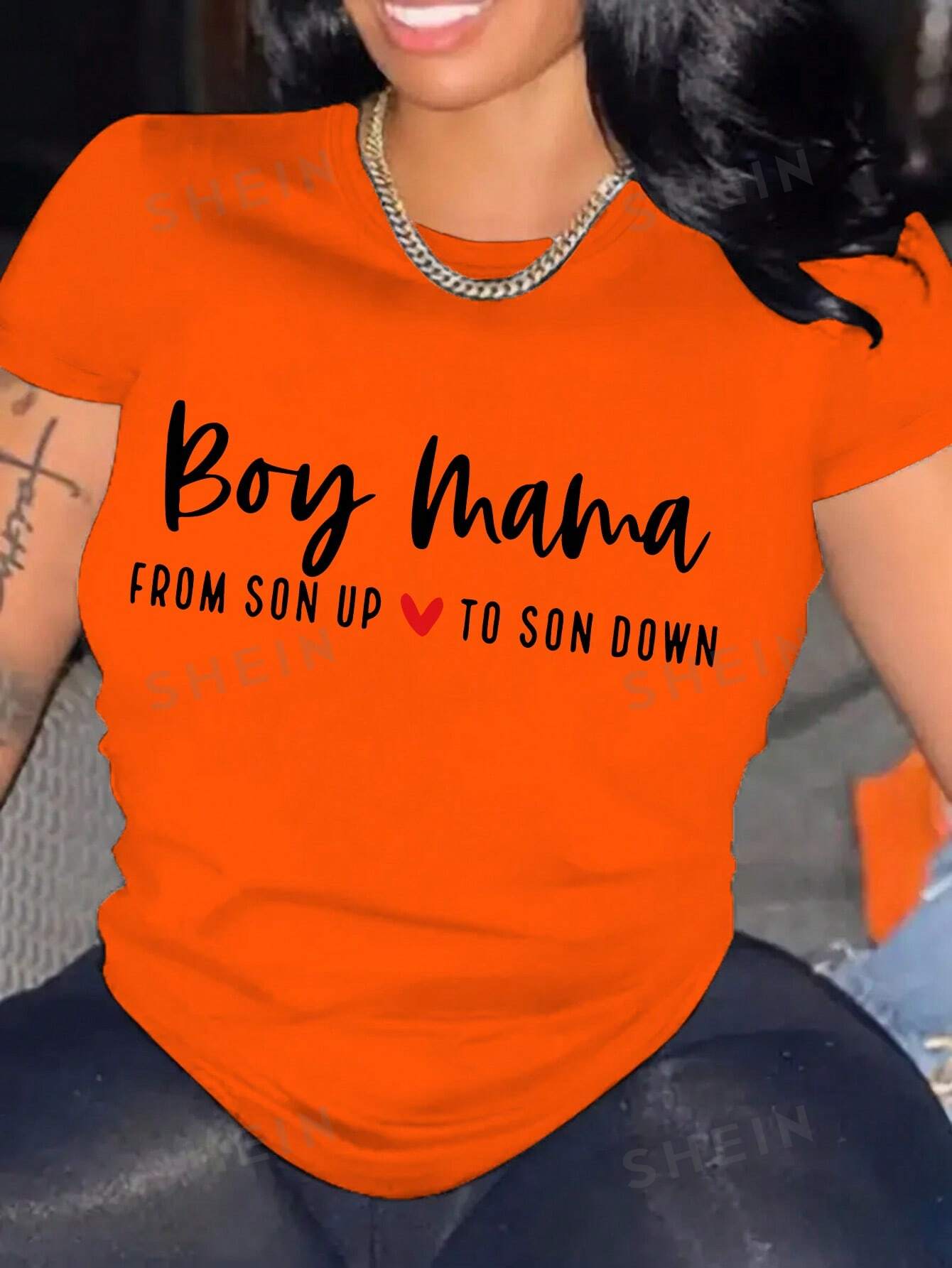 SHEIN Slayr Женская футболка с круглым вырезом и короткими рукавами с принтом в виде слогана и сердца, апельсин