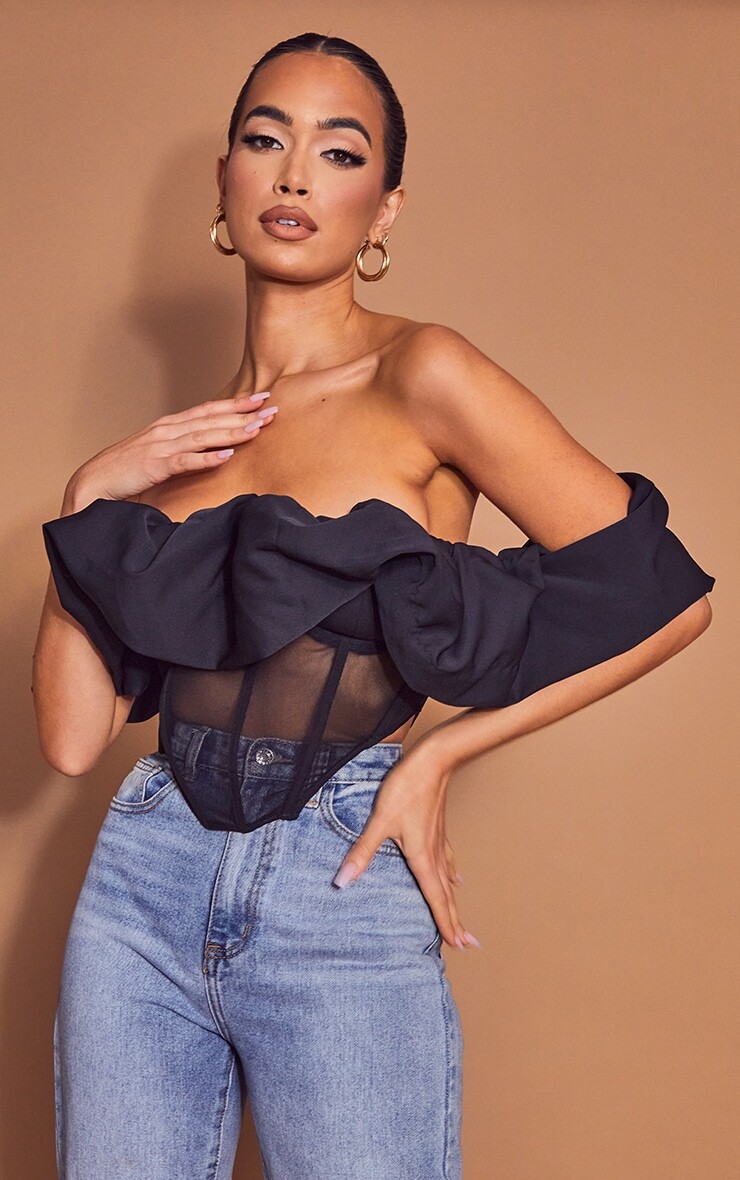 

PrettyLittleThing Черный тканый корсет с сетчатыми вставками и панелями Bardot Extreme