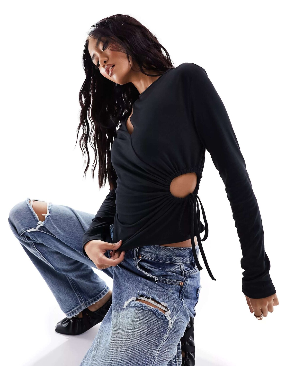 

Черный топ с вырезами и кулиской ASOS