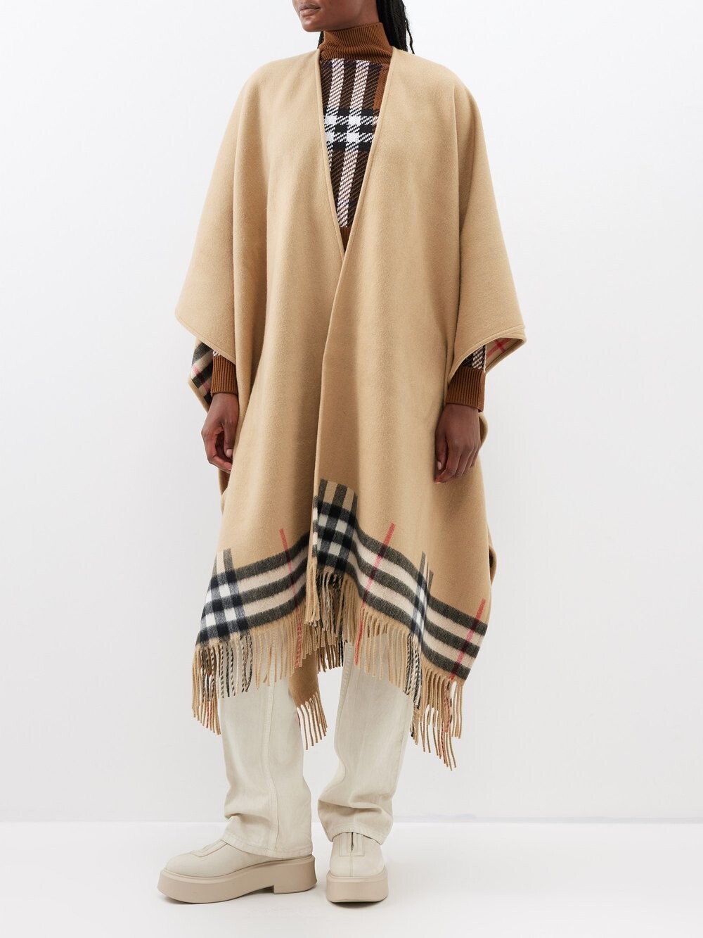 

Двустороннее пончо из кашемира и шерсти в клетку Burberry, бежевый