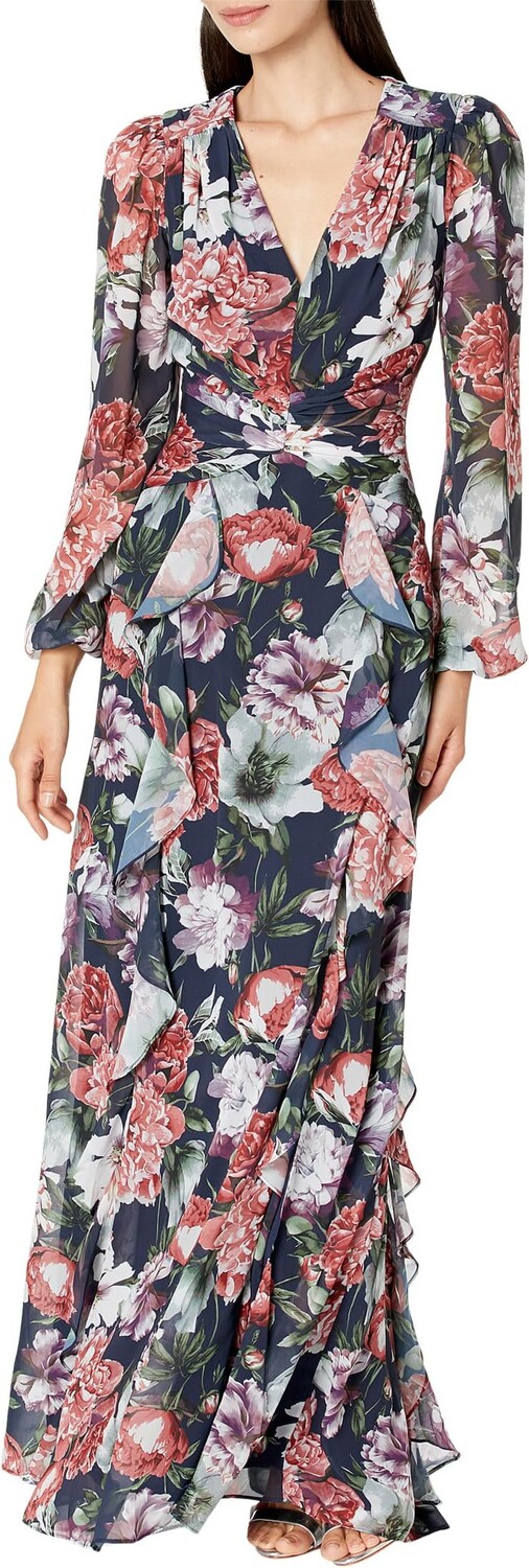 

Платье Long Floral Long Sleeve V-Neck XSCAPE, цвет Navy/Rose