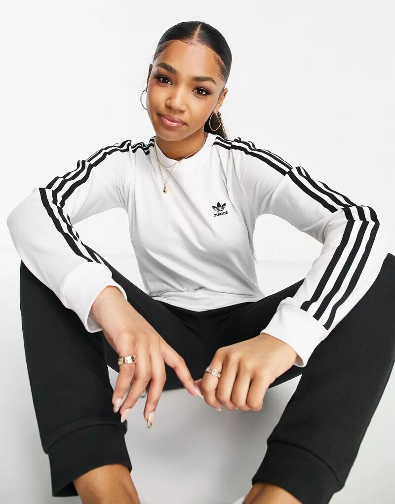 

Белая рубашка с длинными рукавами в три полоски adidas Originals, Серый